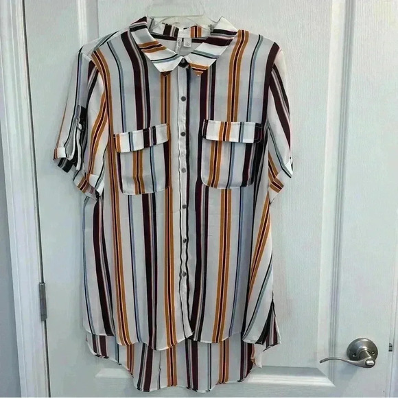 Cato Tops - Striped Hi-Low Button Down Blouse by Cato
